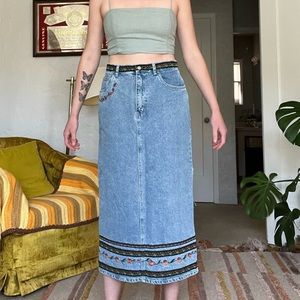 vintage 90s denim skirt with rose embroidered details & gems